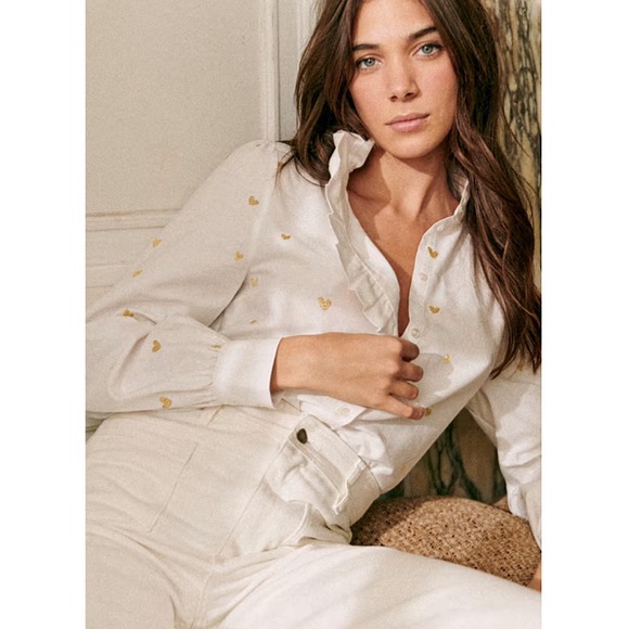 Sezane Chlo Gold Hearts Embroidered Shirt - Picture 2 of 12